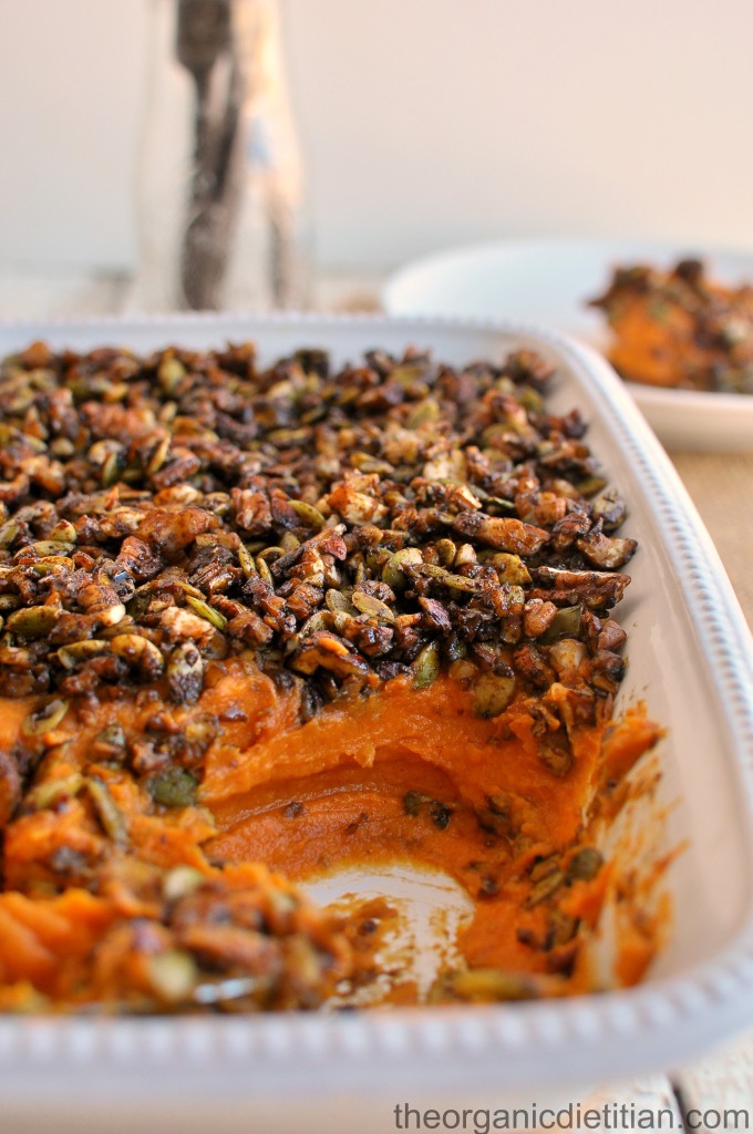 Sweet Potato Casserole with Molasses Candied Nut Topping